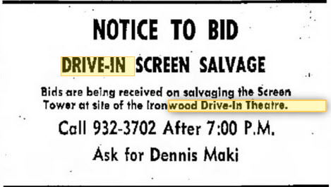 Ironwood Drive-In Theatre - 06 Jun 1974 Ad For Screen Salvage